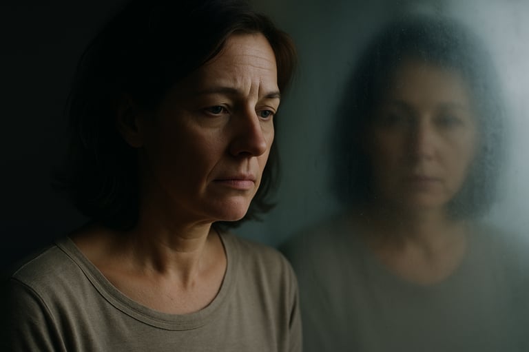 a woman’s reflection in a fogged mirror saying “this isn’t me anymore.