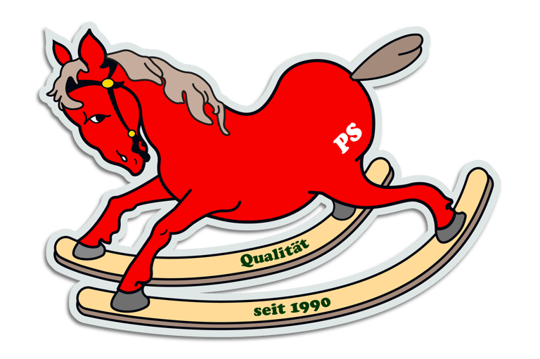 a red rocking horse with white initials PS