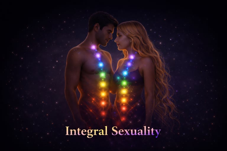 A spiritual couple with glowing rainbow chakra energy centers for integral sexuality and cosmic connection.