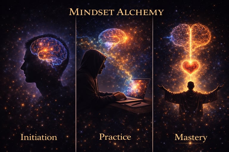 Mindset Alchemy graphic showing the stages of Initiation, Practice, and Mastery with glowing brains and cosmic energy.