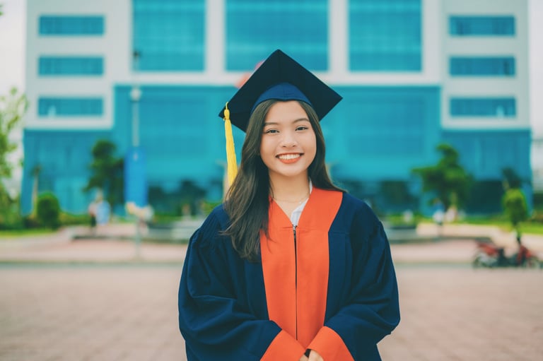 young woman dressed in graduation cap and gown heading into a life transition