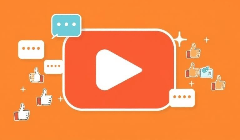 Picture a play button icon with little speech bubbles and thumbs-up symbols surrounding it.