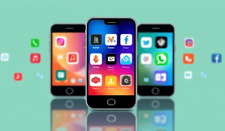 Visualize smartphone icons with app logos on their screens.