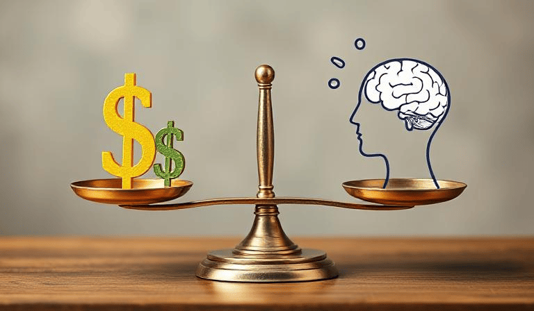 Picture a balanced scale with dollar signs on one side and a brain thinking on the other.