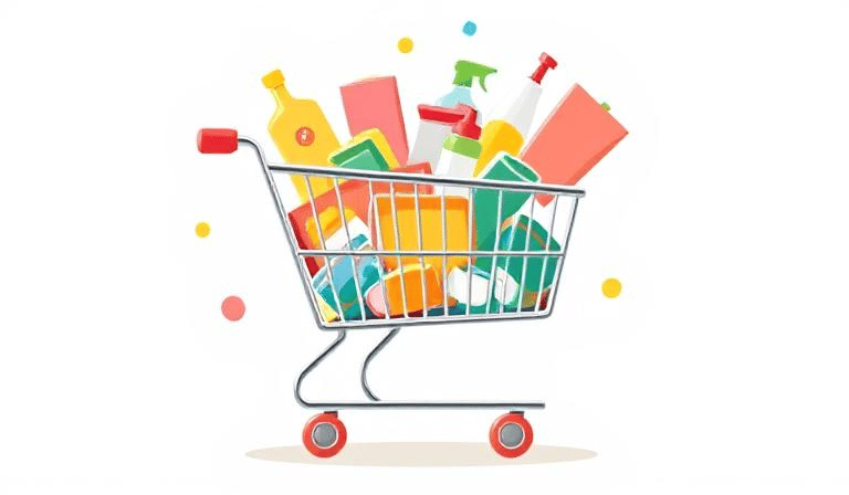 Visualize a shopping cart icon overflowing with happy little products.