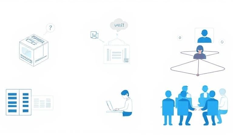 Imagine icons representing software boxes, people working on laptops, and groups of connected users