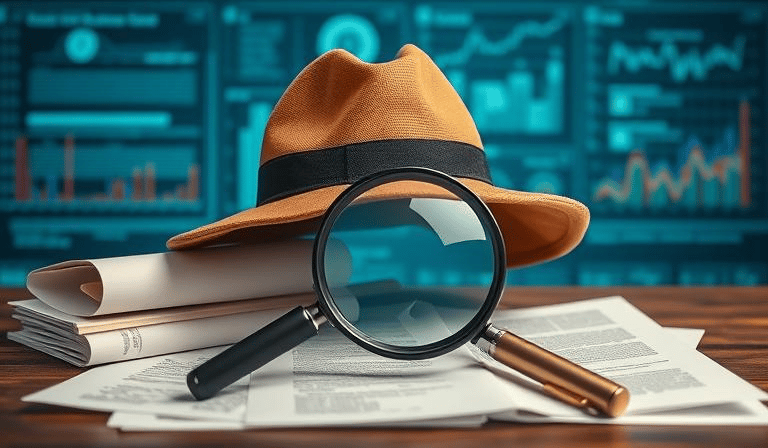 Visualize a detective hat and magnifying glass looking at documents and data.