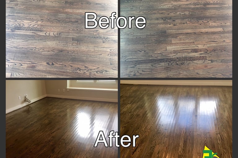 Before and after comparison of professional hardwood floor refinishing and polishing.