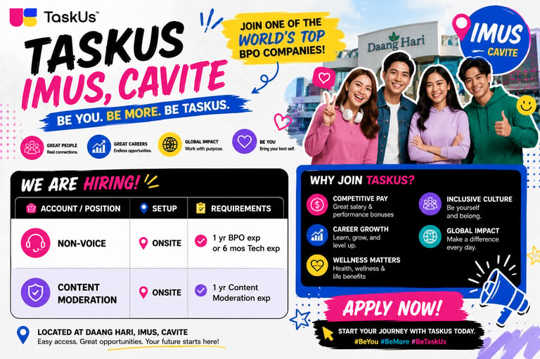 taskus imus cavite hiring cavite jobs hiring in cavite jobs non voice jobs work from home jobs