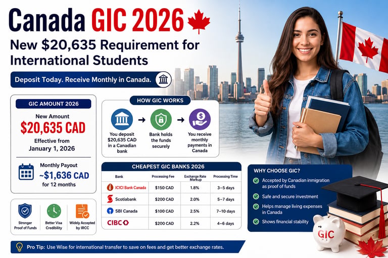 Infographic showing Canada GIC 2026 requirements for international students