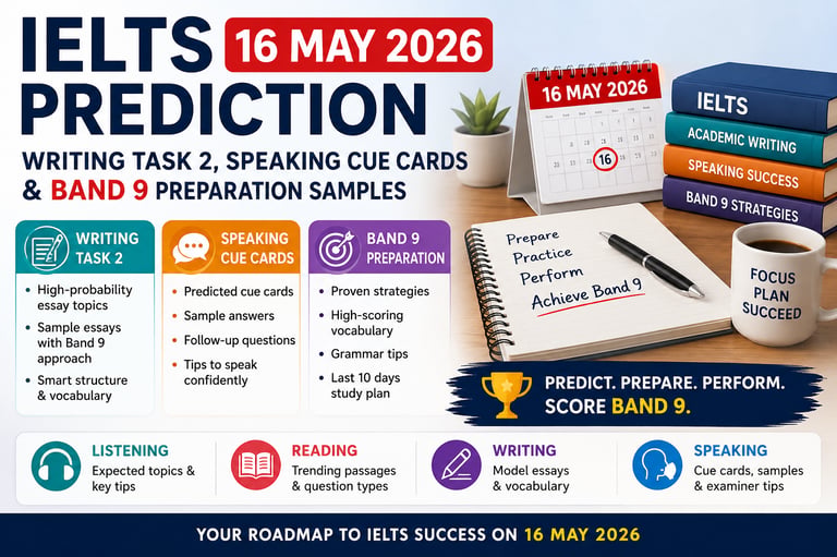 IELTS 16 May 2026 prediction banner featuring Writing Task 2 topics, Speaking cue cards etc