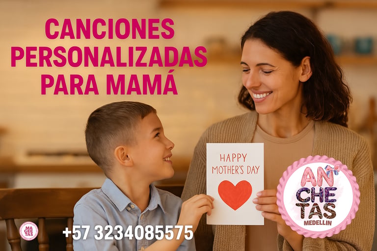 Banner horizontal promocional de Anchetas Medellín para el Día de la Madre. Muestra a un niño entregando una tarjeta con cora