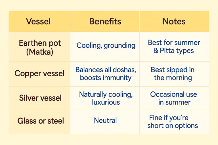 benefits of storing water in matka, copper, glass, steel and silver vessel