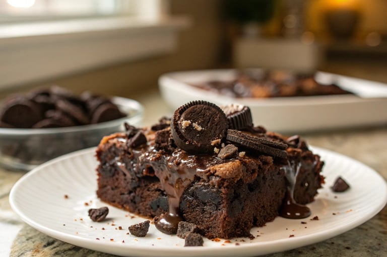 a piece of chocolate cake with oreo