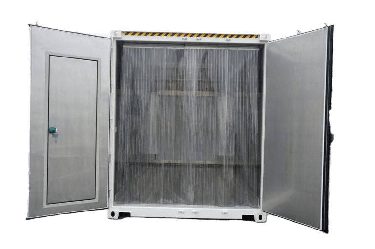 Insulated refrigerated shipping container with open doors and PVC strip curtains for cold storage.