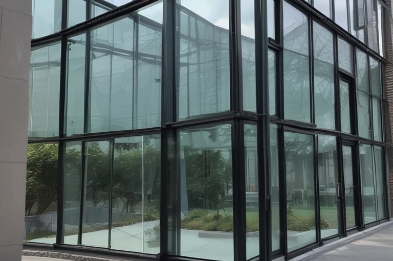 a large glass building with a clock on the outside