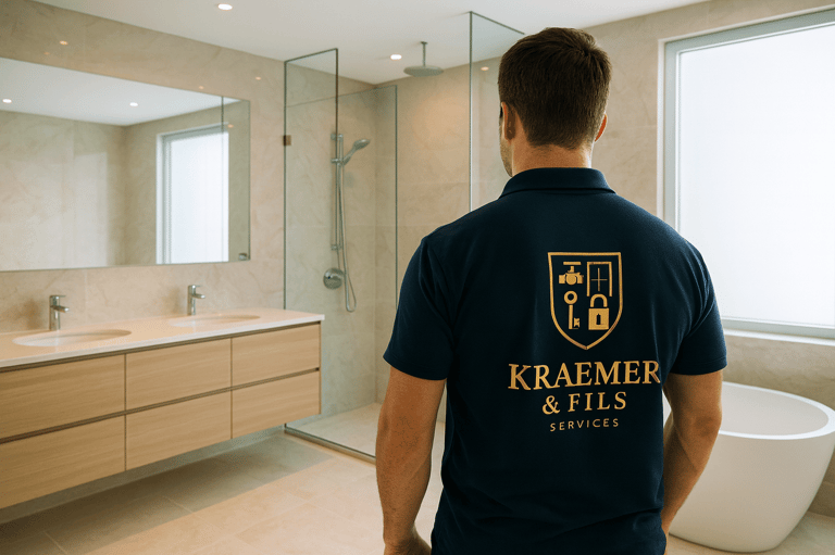 a man in a blue shirt and a white tub tub in a bathroom