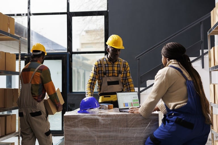 a group of people standing around a table