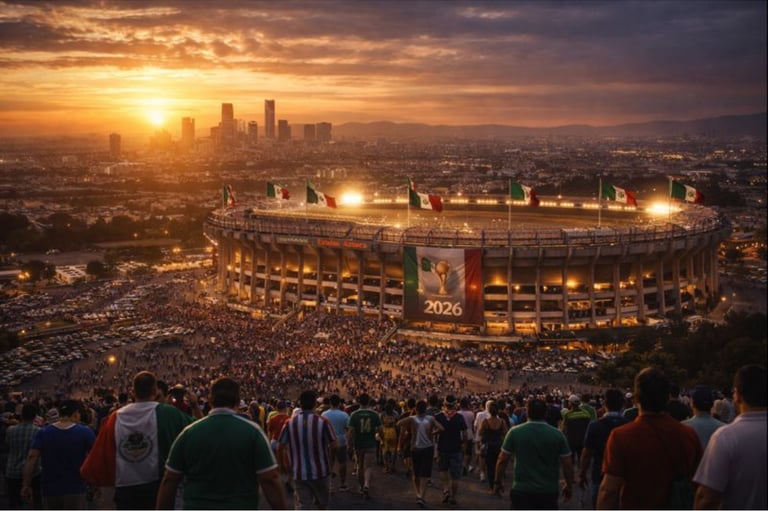 Sunset over Mexico City skyline and Estadio Azteca, a key host city and historic venue for the 2026 