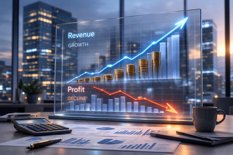 : График роста оборота и падающей прибыли на фоне делового центра Варшавы.