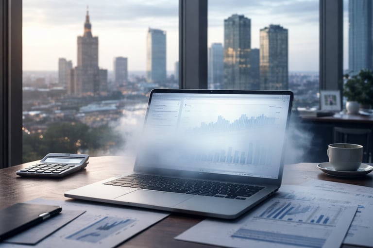 Офис с видом на Варшаву и размытым финансовым отчётом. Концепция потери контроля