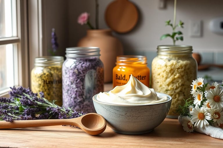 A serene kitchen setting with jars of colorful herbal body butters, surrounded by fresh herbs like l