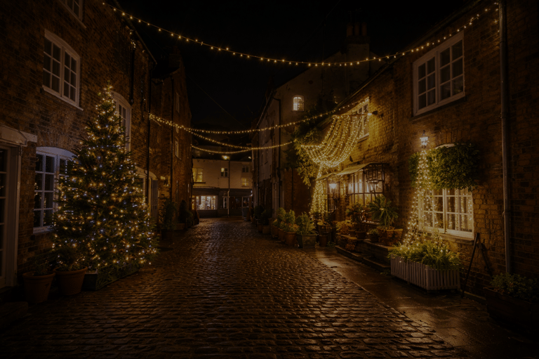 Slow living journal scene of a street decorated with christmas lights at night