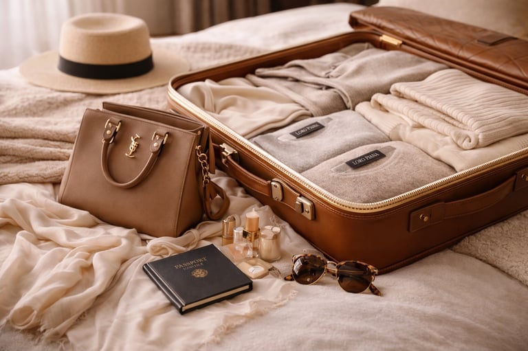 Luxury travel packing with leather suitcase, designer handbag and neutral clothing.