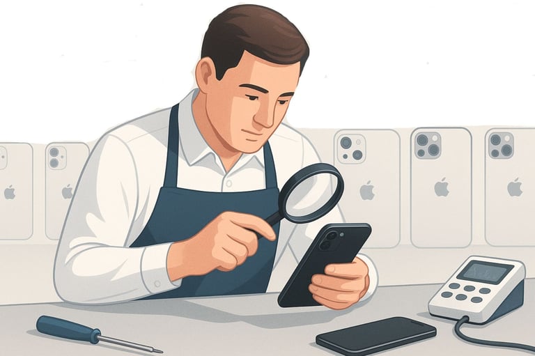 a technician in a white shirt inspecting a cell phone before customer is paid out for trade in