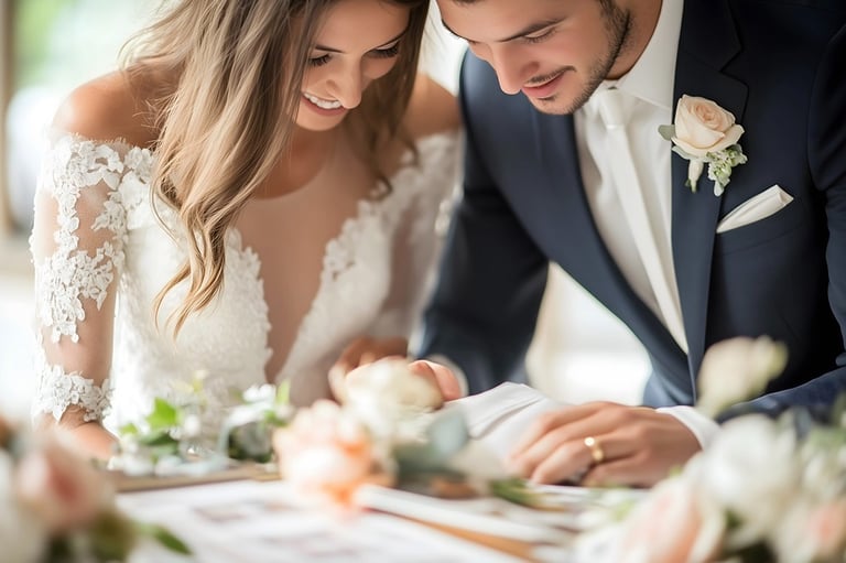 A smiling bride and groom signing their marriage certificate at a wedding ceremony.