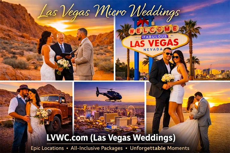 Couples celebrating at Las Vegas micro weddings featuring desert ceremonies and iconic Welcome to Las Vegas sign photo