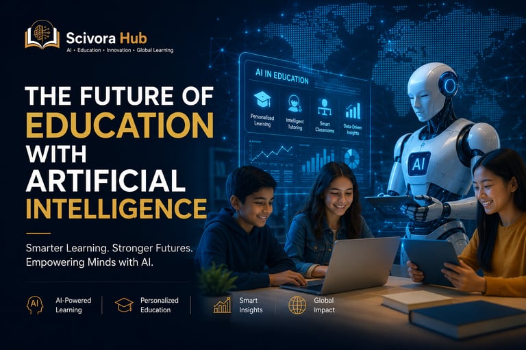 Students using laptops with a futuristic AI robot and digital interface for personalized learning.
