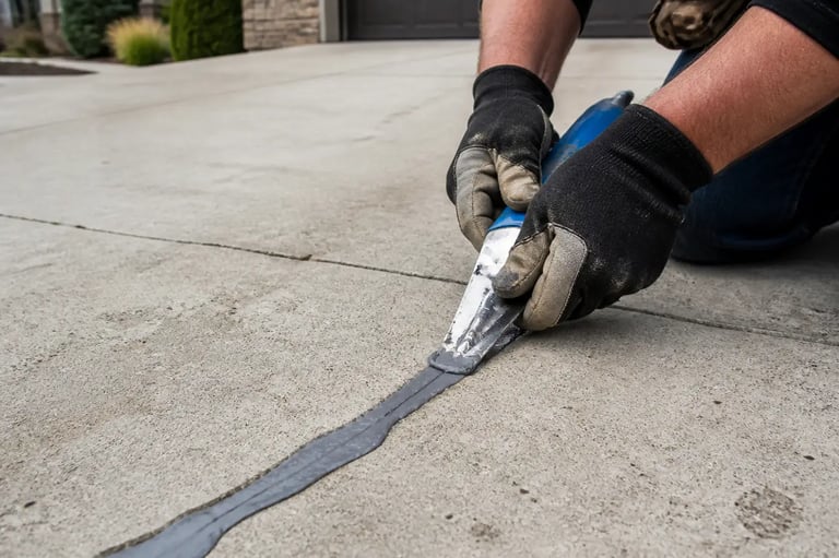Contractor applying crack sealant to a driveway during concrete repair in South Jordan.