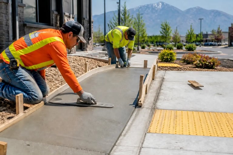Contractors installing an ADA-compliant ramp along a sidewalk in South Jordan, Utah.