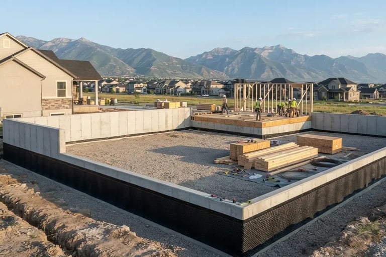 Newly poured stem wall foundation with waterproofing for a home addition in South Jordan.