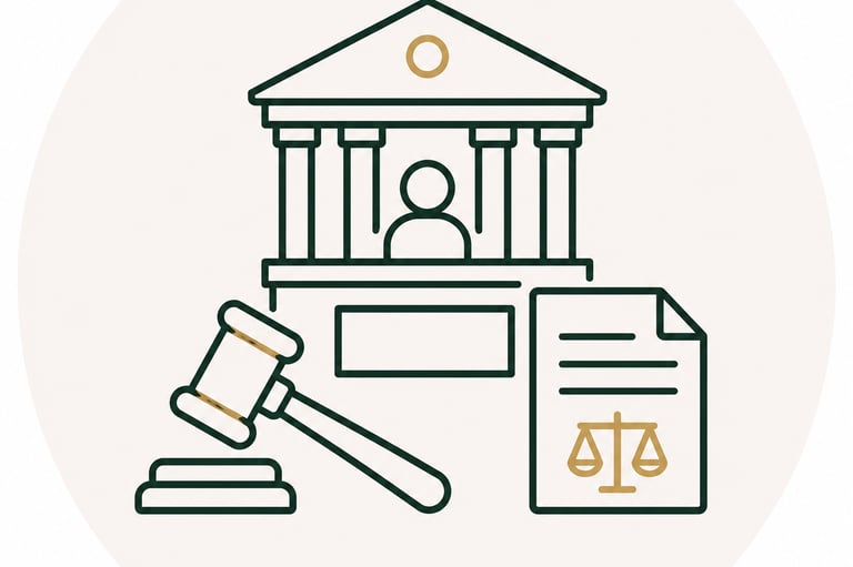 Legal icon featuring a courthouse, judge's gavel, and justice scale documents.