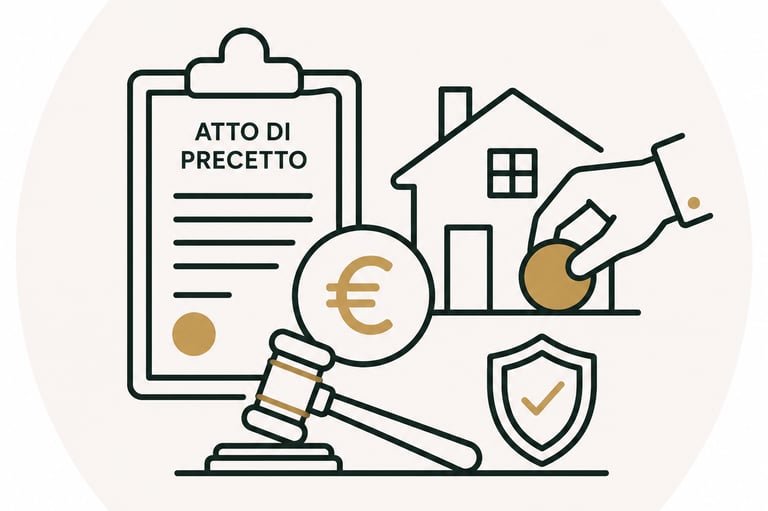 Icon representing atto di precetto legal procedure with house, gavel, and euro currency symbols.