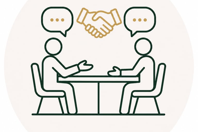 Business negotiation icon featuring two people talking at a table with a handshake and speech bubbles.