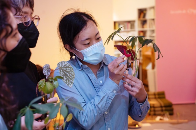 Two women hold propagation tubes with plants.