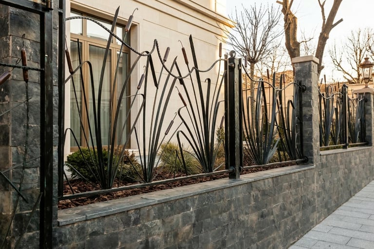 Custom wrought iron fence with cattail design on a black stone retaining wall.