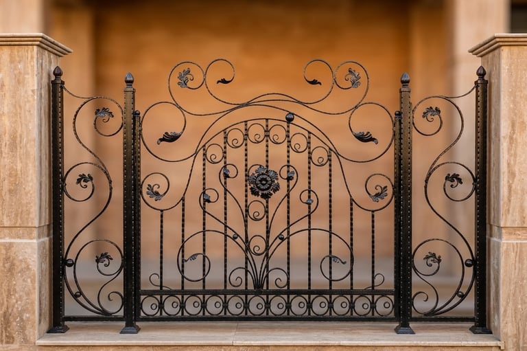 Ornate black wrought iron decorative fence with floral scrolls mounted on a tan stone wall.