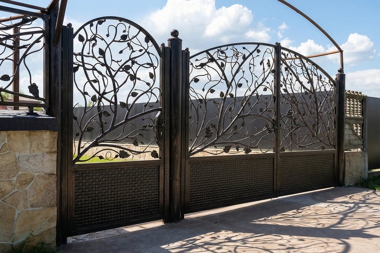 Ornate wrought iron gate with a decorative vine and leaf design installed on a stone wall.