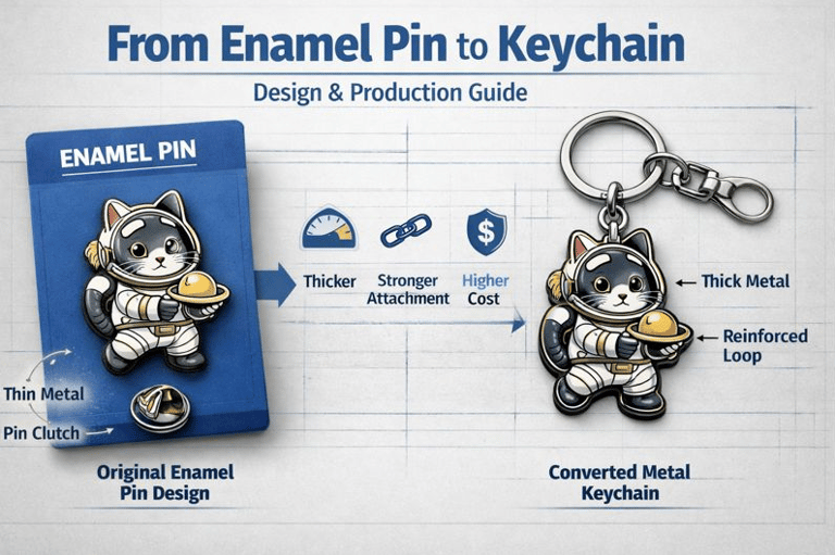 Illustration showing how an enamel pin design is transformed into a metal keychain