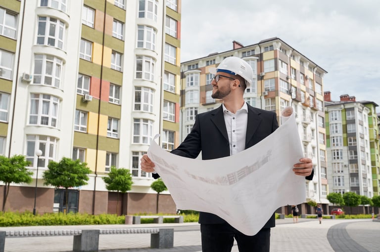 a man in a suit and a white helmet