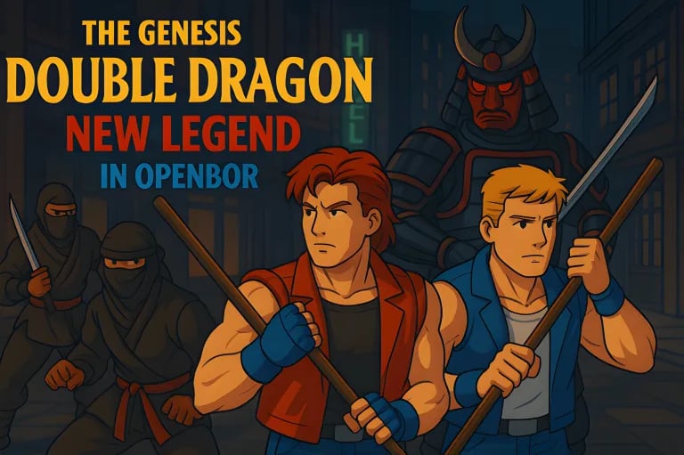 a group of people in a city with two men in chasing the Double Dragon