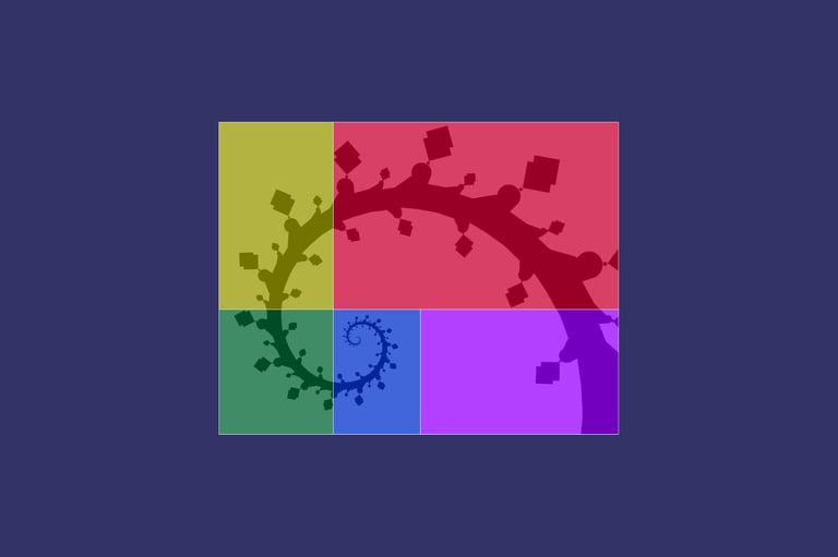Graphic of a vine curling inward as it passes through five monochromatic zones, jewel tones: purple, red, yellow, green, blue