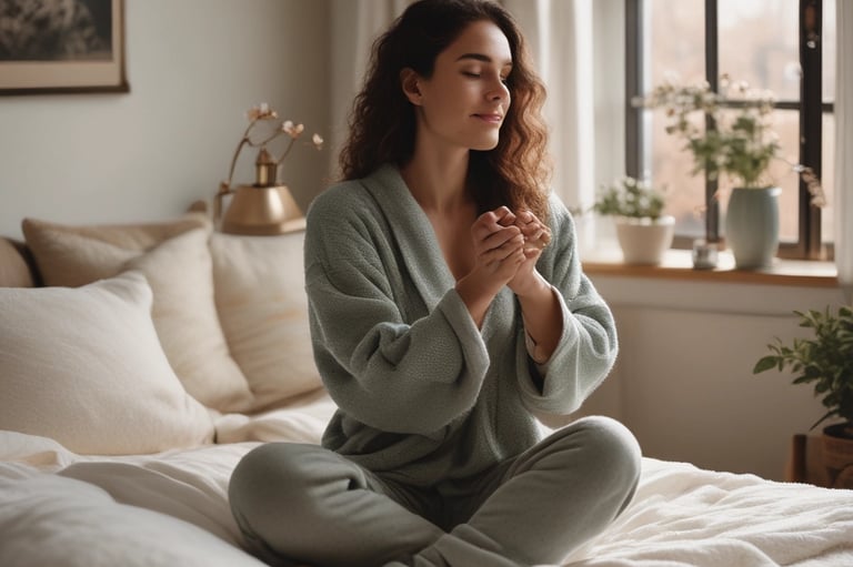 A person's hand is applying cream to their foot on a white bed. The scene captures a moment of personal care and relaxation.