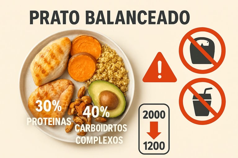 Prato balanceado com proteínas, carbos e gorduras saudáveis`