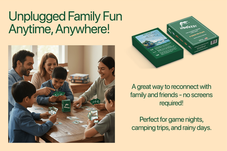 Family playing HOOKED! fishing card game – unplugged fun for 2–6 players.