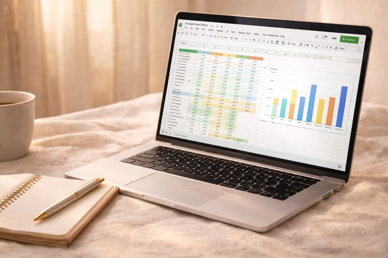 clean workspace with laptop showing spreadsheet, notebook and pen in warm natural light